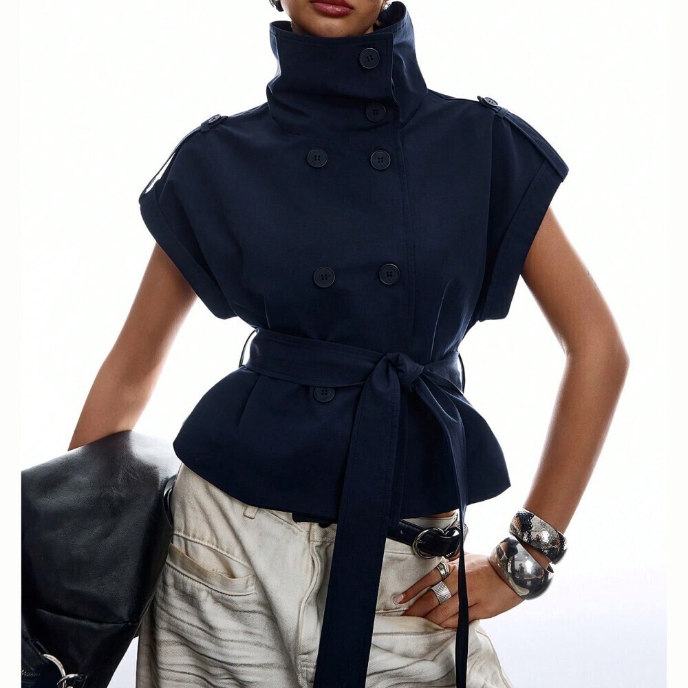 Navy Blue Double Breasted Belted Cap Sleeve Trench Jacket Vest